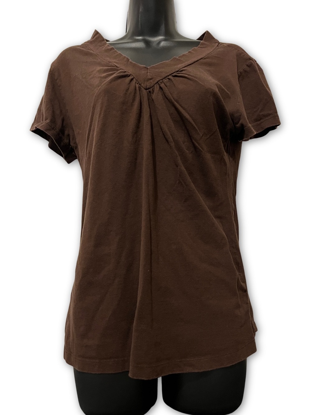 Women's Brown V-Neck Short Sleeve Tee with Front Gather